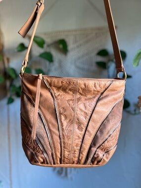 Vintage Boho Crossbody Bag Brown Patchwork Tooled Leather Style Slouchy Purse